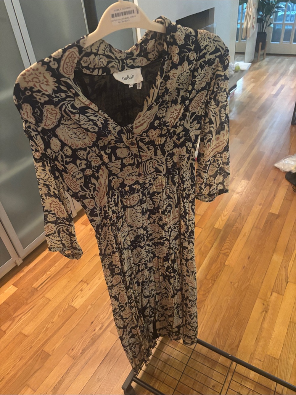 ba&sh Navy and Cream Paisley Midi Dress with V-Neck